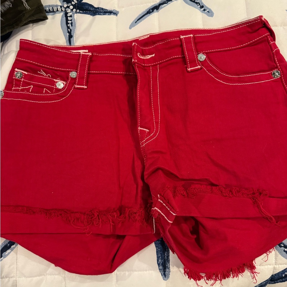 True Religion Jennie Red Frayed Jean Shorts
